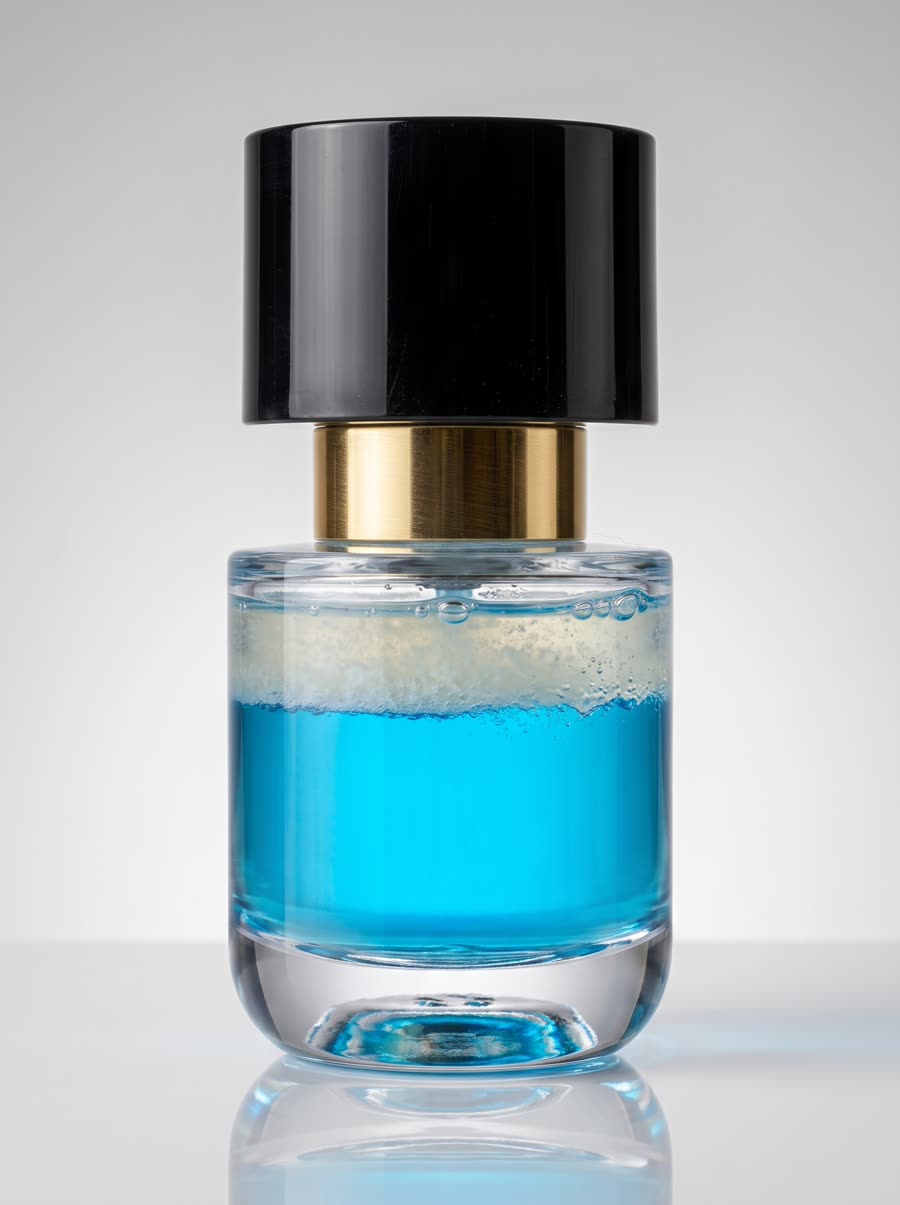 Ancaria bottle material study in glass, brass and black gloss