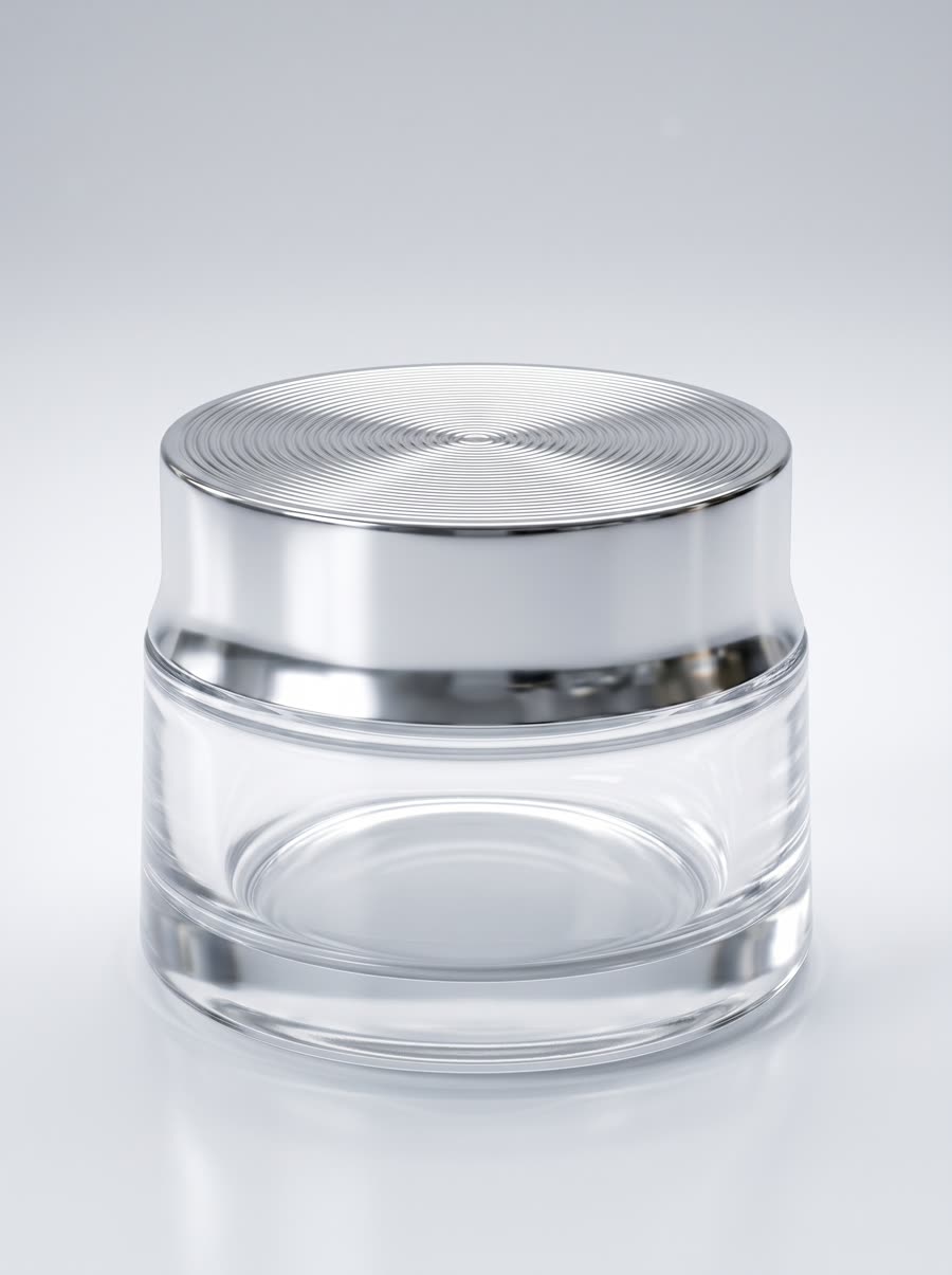 Ancaria cream jar with a concentric machined silver lid on clear glass