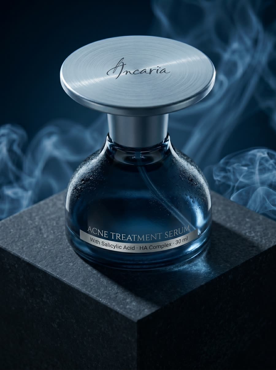 Ancaria acne treatment serum in dark blue glass with a brushed silver lid, lit on a stone plinth