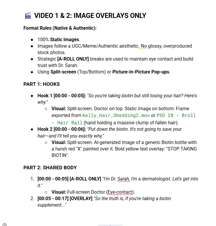 Creative brief and script snapshot